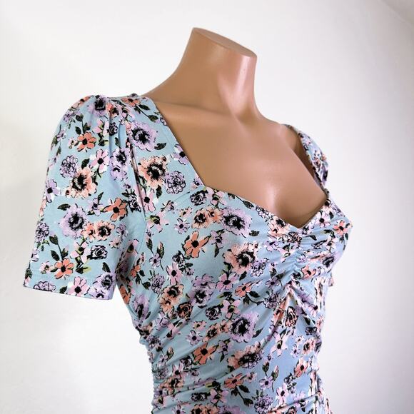 Good Luck Gem Sweetheart Neck Bodycon Floral Mini Dress Light Blue y2k 90s S NWT - Picture 4 of 12
